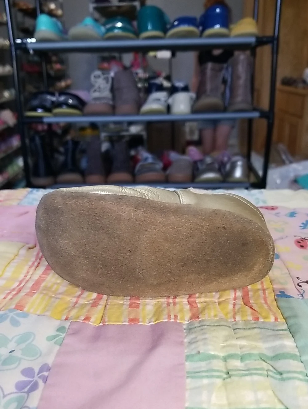 Livie & Luca Metallic Gold Leather Mary Janes with Purple Bird 12-18 Month Pio